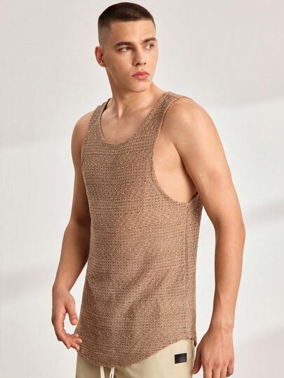 Driftmere メンズニットカジュアルホールアウト無地プレーンメッシュノースリーブタンクトップ、夏、バケーション用