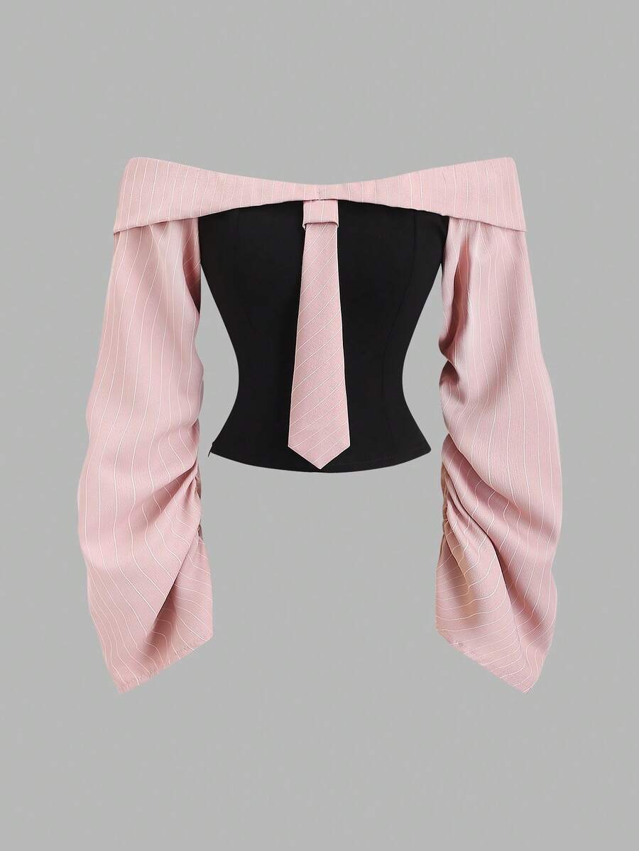 Sweetra Gothic Style Asymmetrical Ruffle Long Sleeve Off-Shoulder Sexy Party Blouse For Women, Autumn Fashion, Waist Cinched Design - Multicolor - View 1