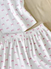SHEIN 4件組隨機發貨 2件發送 青少年女孩簡約花卉圖案緞帶蝴蝶結飾邊吊帶背心短褲舒適休閒粉色蝴蝶結修身睡衣套裝 2件組 - 粉色 - 查看 4