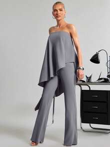 SHEIN Haute Bộ đồ nữ 2 mảnh gợi cảm, thoải mái, thích hợp cho công sở, gồm áo quây dáng rộng và quần dài ống loe. - Xám - Xem 3