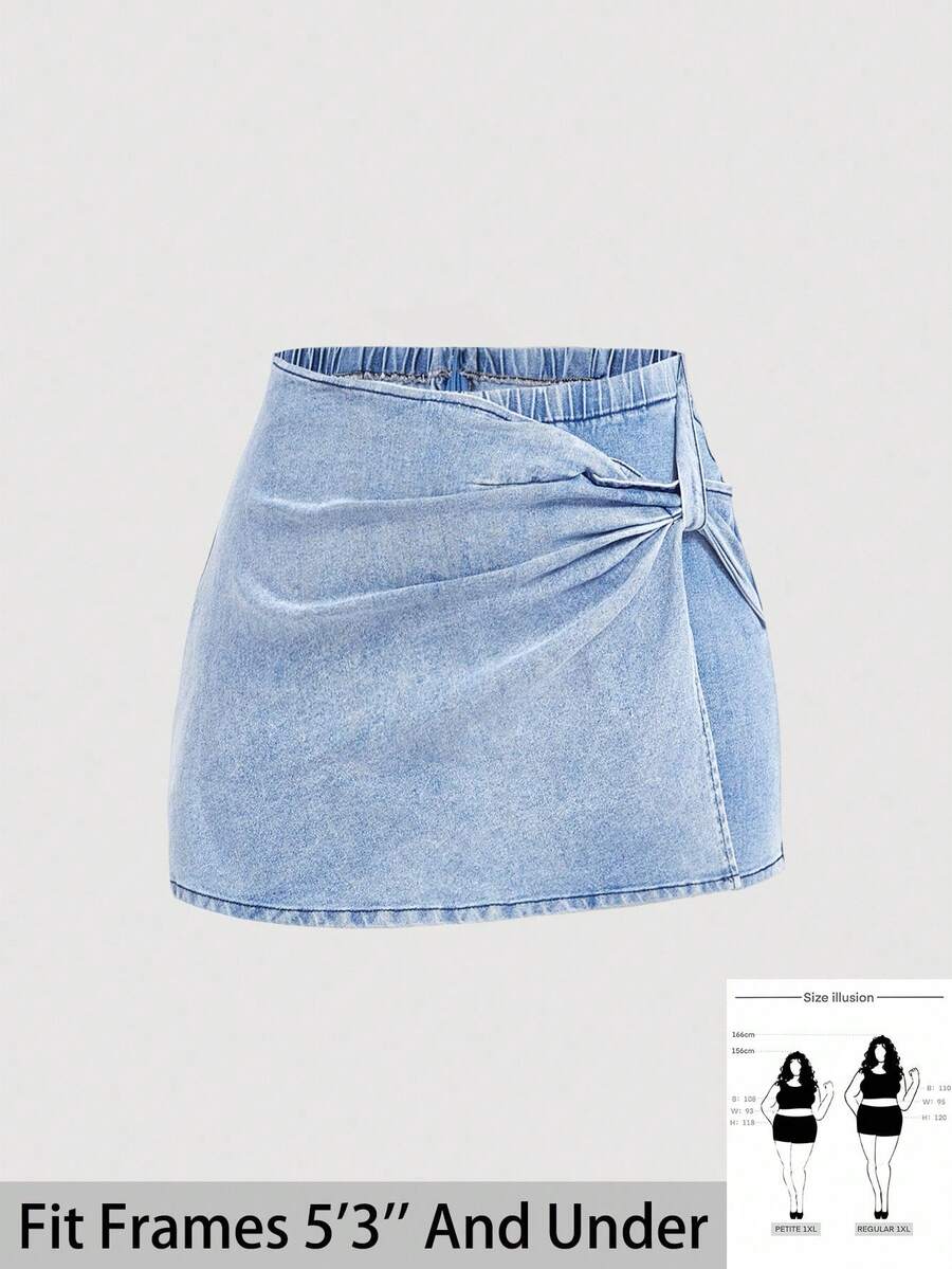 SHEIN PETITE CURVE Plus Size Women Blue Denim Elastic Skinny Shorts Jorts - Light Wash - View 1