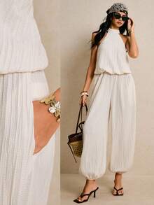 Poéselle 女士休闲度假通勤纯色纹理面料扭结露背连体裤，春夏款 - 杏色 - 查看 3