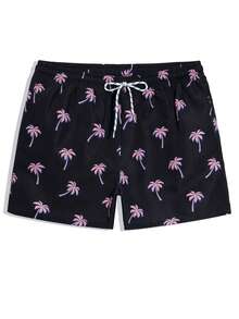 Palasendo 男士全印花休闲抽绳宽松沙滩短裤，带口袋，夏季 - 黑色 - 查看 3