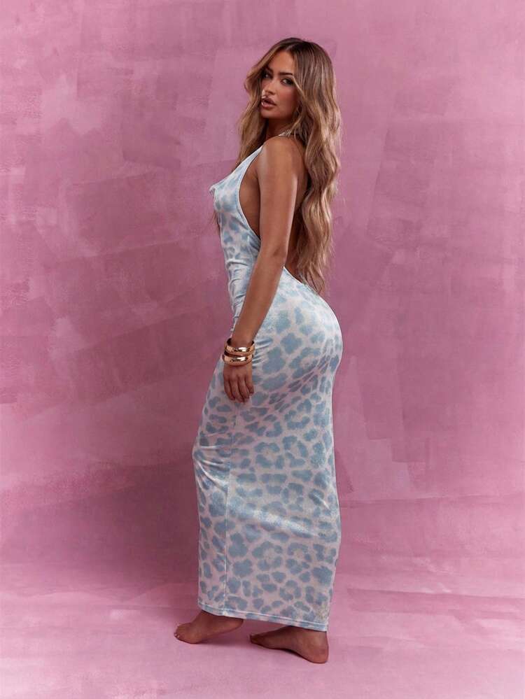 MISSGUIDED Robe moulante maxi à col bénitier imprimé léopard sans manches pour soirée d'été