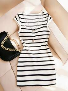 Franclia Women's Black & White Striped Print Square Neck Casual Dress - Black and White - View 3