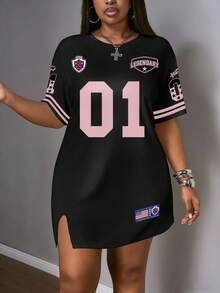 Slaydiva Plus Size Summer Casual Numeric Print Split Hem Dress - Black - View 5