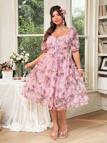 SHEIN Clasi Plus Size Mesh Fabric With Ruffle Trim, V-Neck,, Cinched Waist Bow Decor Elegant Cute Vacation Cocktail Party Dress - Pink - View 3