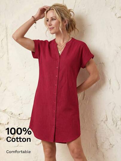 EMERY ROSE Women's Vacation Casual Solid Color Notch Neck Button Front Dress,Summer Dresses For Women