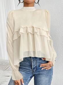 Firerie 女士夏秋宽松多层荷叶边不对称雪纺透视长袖杏色衬衫，适合毕业、教师、返校、度假、秋季、复古、职场等场合。 - 杏色 - 查看 7