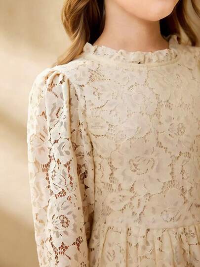 Girls' White Lace Floral Embroidered Long Sleeve Dress, Formal Dress For Spring/Summer, Flower Girl Dress For Wedding, Birthday Party, Lightweight Polyester Blend Midi Lace Hollow Out Long Sleeve Dress