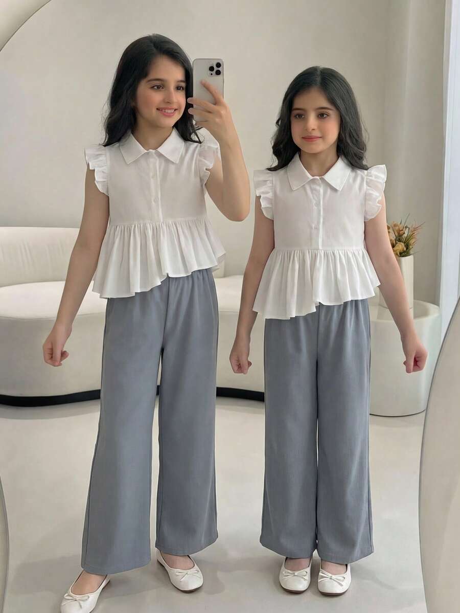 Firerie Kids 少女纯色短袖上衣搭配阔腿裤休闲装 - 淺藍色 - 查看 1