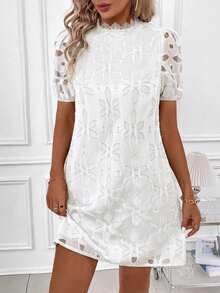 Editum 女士花瓣袖褶裥A字镂空纹理薄纱连衣裙 - 白色 - 查看 4