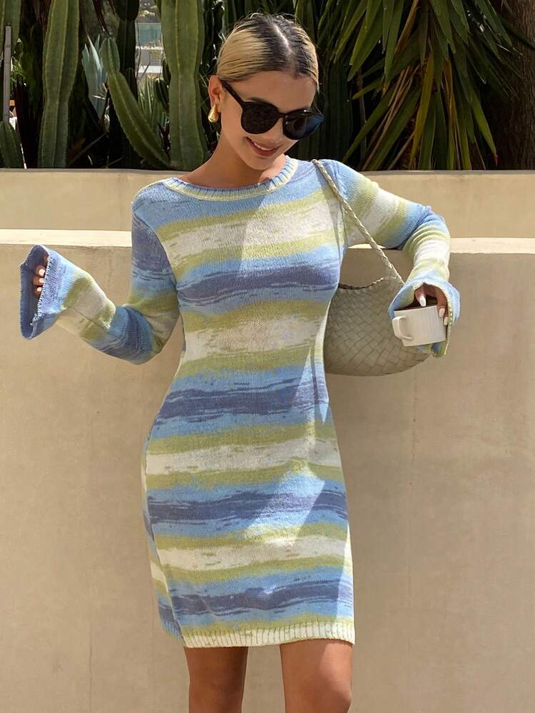 Striped Backless Beach Vacation Knit Dress For Women, Summer