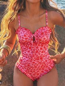Swim Mod Áo tắm liền thân mùa hè dành cho nữ, họa tiết ngẫu nhiên, không dây, hở lưng, viền bèo nhún, ôm sát. - Nhiều màu - Xem 2