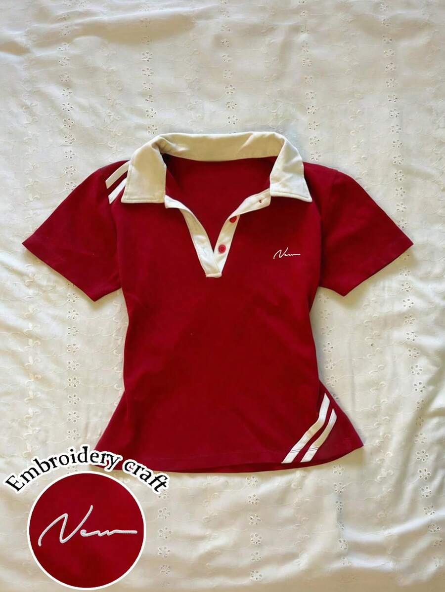 Glimmora 女士字母印花撞色 Polo 领短袖休闲 T 恤 - 紅色 - 查看 1