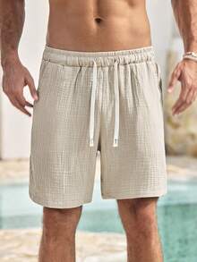 Men's Khaki Solid Woven Loose Fit Shorts, Basic, Pocket, Drawstring, Summer, Short Pants, Lightweight, Breathable, Cool, Casual, Comfortable Boyfriend,Husband,Father Gift - Khaki - View 6