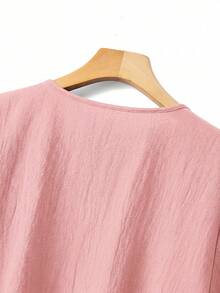 Linhara Plus Size Women Casual Minimalist Countryside Style Small V-Neck Cotton Embroidered Ruffle Cuff Loose Blouse - Pink - View 4