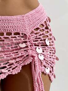 Vaytide 女士夏季假期镂空设计亮片拼布抽绳罩衫和迷你裙套装 - 粉色 - 查看 12