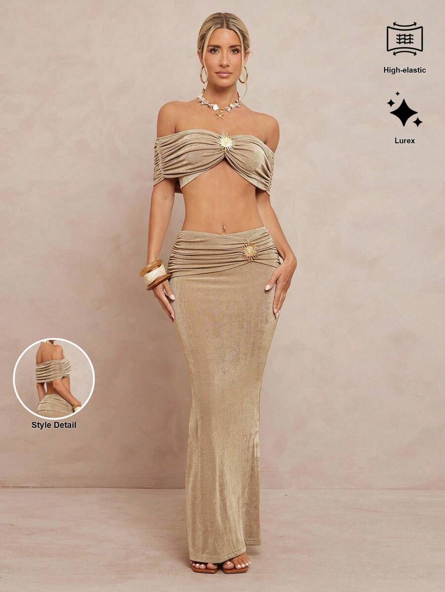 Lumalex 秋季假日派对装扮 老钱锐舞音乐节外出游泳度假优雅复活节波西米亚风海滩热门户外层次丰富的婚礼季宴会成人礼海滩海边金属装饰褶皱露肩短款上衣和裙子性感两件套女士米金色阳光两件套沙滩两件套 - 駝色 - 查看 1