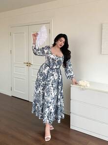 Vibekara Plus Size Blue And White Porcelain Print Long Dress, Casual For Spring And Summer Fall - Blue - View 3