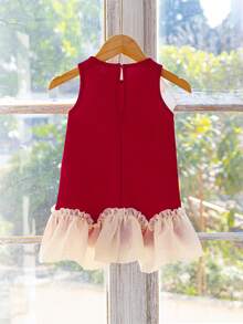 Baby Girls Winter,Wednesday,Black Dress,Baby Girl Round Neck Sleeveless Bowknot Decor Pearl Studded Contrast Color Pleated Ruffle Hem Dress Red Girls Dress With Pearls Red Dress For Girl Girls Pearl Dress Red Bow Dress For Girl - Red - View 3