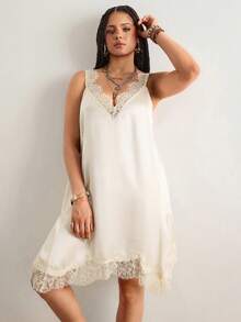 Freevana Vestido suelto sin mangas con cuello en V para mujer de talla grande, diseño asimétrico, unicolor, albaricoque, con ribete de encaje satinado, parches de encaje, sexy y cómodo, elegante para uso diario, vacaciones, primavera/verano - Albaricoque - Ver 9