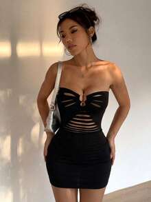 INAWLY Đầm ngắn ôm sát gợi cảm không dây vai, khoét lỗ dành cho nữ - màu đen - Xem 6