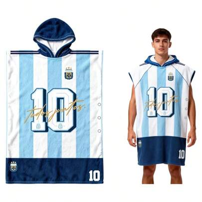 juxingdongli Argentina Football Hooded Towel Robe No.10, Soccer Team Bath Poncho With Hood, Quick Dry Beach Swim Wearable Towel Blanket For Men Women, Oversized Sports Changing Robe 115x75cm Game Day Fan Gift