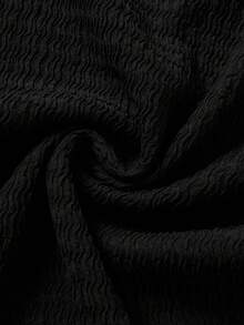 SHEIN 少女纯棕色纹理针织侧褶短袖修身T恤和阔腿裤休闲两件套 - 黑色 - 查看 9