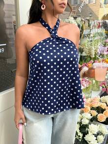 GalTyme Blusa feminina plus size azul marinho com estampa de bolinhas e decote halter, para primavera/verão. - Azul marinho - Ver 5