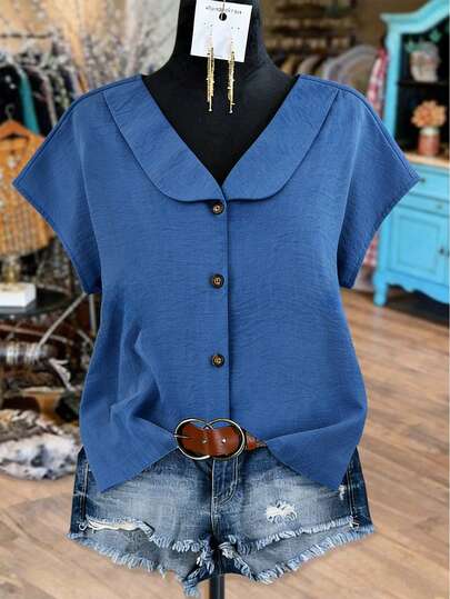 EMERY ROSE Plus Size Women Casual Shirt With Faux Denim Effect, Turndown Collar, Button Decor, Versatile For Daily Wear And Vacation Summer Casual Tops Casual Women Tops Women Summer Shirts