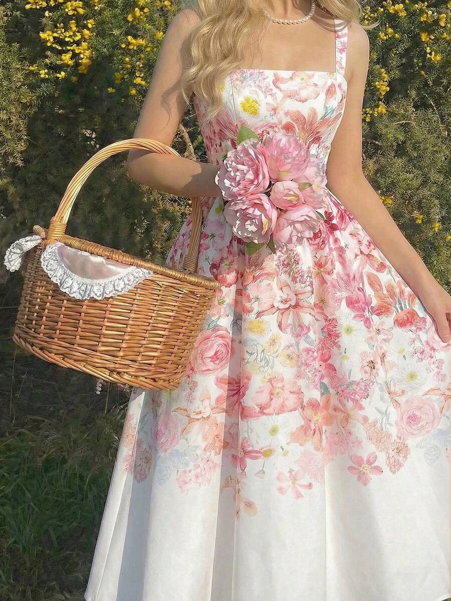 SHEIN MOD 女士碎花褶皱腰身优雅中长连衣裙,适合派对穿着 - 白色 - 查看 1
