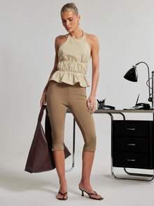 Hauture Striped Open-Back Halter Peplum Top - Light Yellow - View 3