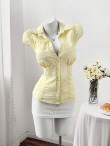 Sweetra Plus Size Fashion Versatile Single-Breasted Embroidered Polo Collar Slim Fit Shirt - Yellow - View 5