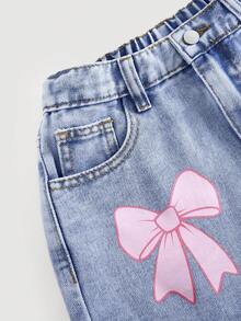 SHEIN Girlism Tween Girls Fashion Casual Y2k Vintage Cool Street Pink Bow-Shaped Doughnut Pattern Blue Loose-Fitting Short Denim Pants Jeans For Kids Clothes Tween Girls Dailywear And Kids Spring To Summer Rave Outfits Festival And Outfits Streetwear Clothes - Blue - View 3