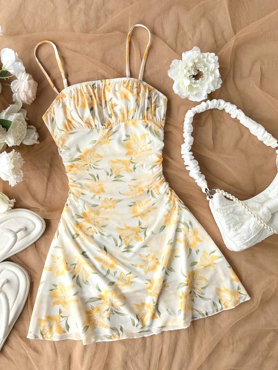 SHEIN Đầm hai dây xếp ly in hoa cho bé gái tuổi teen, thích hợp cho kỳ nghỉ biển. - Màu vàng - Xem 1