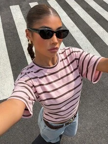 Muchica Áo thun nữ phong cách tối giản, năng động, dễ thương, ngọt ngào với nền hồng và sọc nâu, thích hợp cho mùa xuân/hè. - Nhiều màu - Xem 4