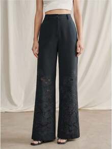 Anewsta Urban Chic Retro Hollow Embroidered High-Waist Straight-Leg Pants For Office/Commute - Navy Blue - View 2