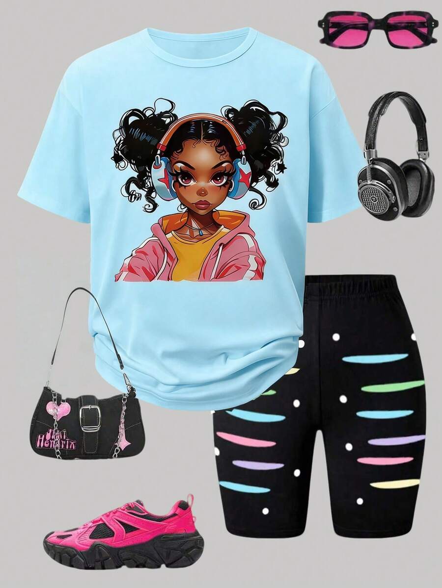 SHEIN ChillGRL Teen Girls 2pcs/Set Round Neck Fashionable Street Style Printed Short Sleeve T-Shirt And Tight Shorts, Summer, Outfit - Blue - View 1