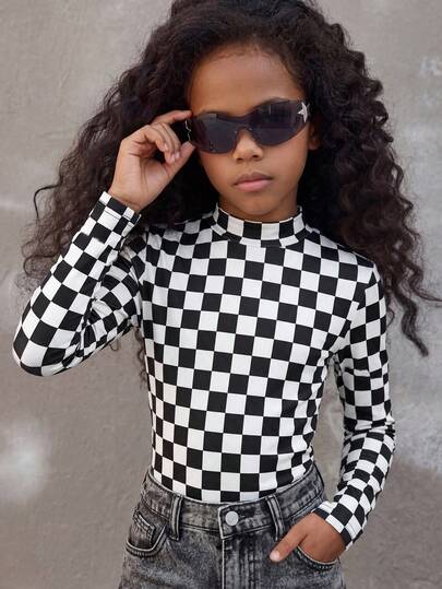 SHEIN Leap Crew Top Con Cuello Falso Y Estampado De Cuadros Para Niña Preadolescente