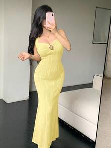 Celisse Đầm maxi đuôi cá cổ yếm màu trơn thanh lịch dành cho nữ, chất liệu cao cấp, kiểu dáng liền thân, đầm nàng tiên cá, đầm mới màu vàng, trang phục dự tiệc. - Màu vàng - Xem 5