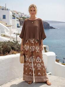 Faunlyn 两件套女装：纯色圆领不对称下摆上衣和印花半身裙，棕色印花阔腿裤，波西米亚风上衣和裤子，波西米亚风两件套连衣裙，波西米亚风女装，波西米亚风休闲长裙，棕色大码连衣裙，度假装，休闲女裙，休闲女裙 - 彩色 - 查看 6