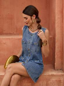 Selianne Đầm denim không tay cài cúc phía trước dành cho nữ - Màu xanh lam - Xem 5