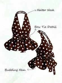 Olithes 女式圆点褶饰挂脖百搭休闲衬衫 - 棕色 - 查看 5