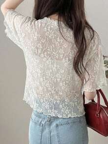 FRIFUL 女士波浪条纹宽松撞色滚边短袖T恤，夏季休闲装 - 米色 - 查看 6