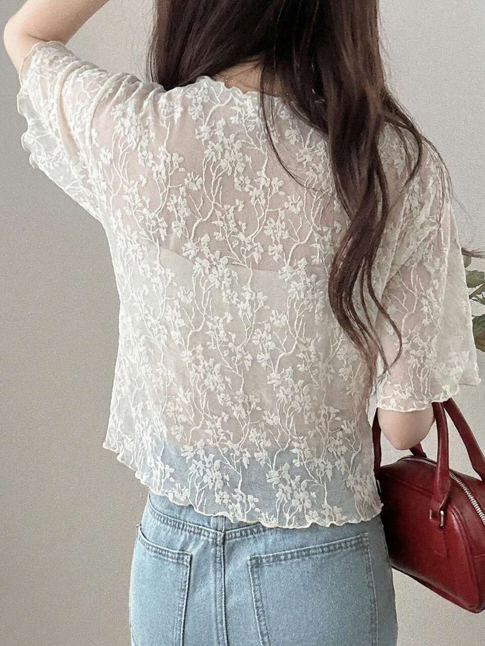 Women's Ruffle Hem Sheer Minimalist Short Sleeve T-Shirt
