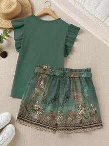 SHEIN LUNE Bộ hai mảnh: Áo tay bồng màu trơn cỡ lớn và quần short in hoa thanh lịch kiểu châu Âu, một bộ đồ hai mảnh mùa hè thoải mái dành cho nữ. - màu xanh lá - Xem 2