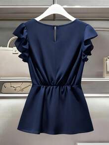 GlowEve CURVE Plus Size Women's Round Neck Twist Knot Cap Sleeve Blouse, Suitable For Daily Commute, Outing, And Social Events - Navy Blue - View 2