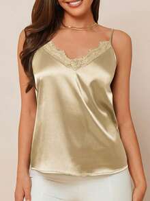 Amorya Áo hai dây satin màu xanh thanh lịch dành cho nữ, cổ ren, đa năng, thích hợp mặc vào mùa xuân/hè hoặc mặc lót bên trong vào mùa thu/đông. - Lạc đà - Xem 6