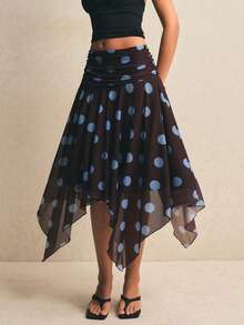 Poéselle Women's Polka Dot Print Asymmetric Hem Skirt - Brown - View 5